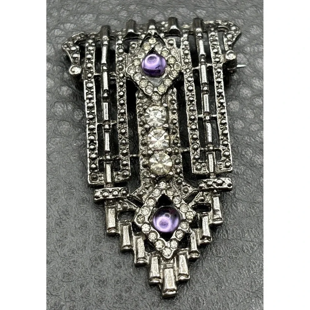 Vintage Art Deco Style Silver Tone Brooch Purple Amethyst Rhinestone Pin